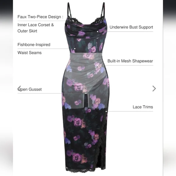 POPILUSH Shapewear Lace Trim Sculpting Floral-Print Corset Style Midi - XL NWT - Picture 3 of 4